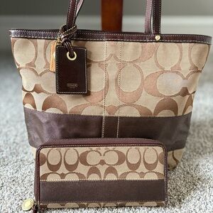 Coach Signature Brown and Tan Tote Bag with matching Wallet